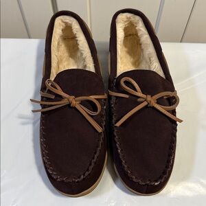 J CREW Men's Suede Moccasin Slippers, Sherpa Fleece, Expresso Brown Size 10